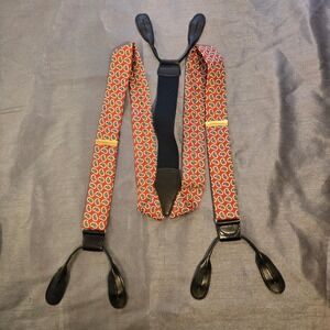 Brooks Brothers Mens Red Paisley Suspenders Made in England Leather Button Ends